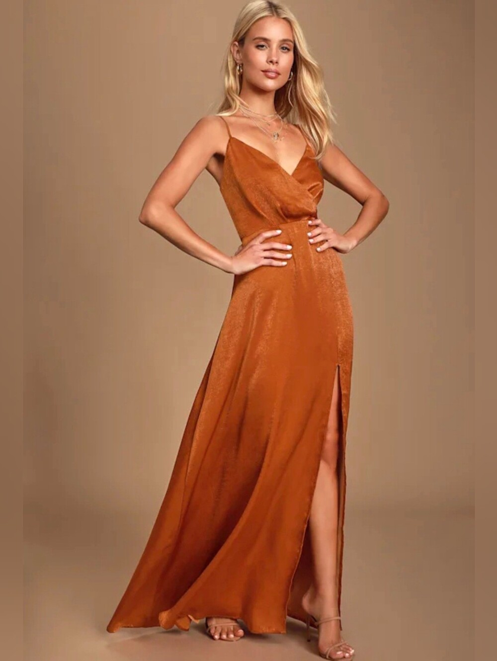 Lulus Constantine Rust Orange Satin Slit Maxi Dress